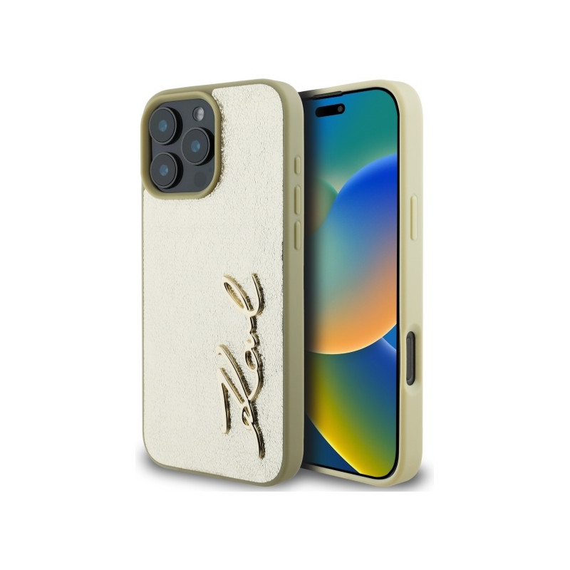 Karl Lagerfeld Metal Signature dėklas, skirtas iPhone 16 Pro Max - auksinis