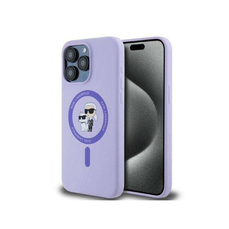 Karl Lagerfeld Silikoninis Karl&Choupette Heads Ring MagSafe dėklas skirtas iPhone 15 Pro Max - violetinė