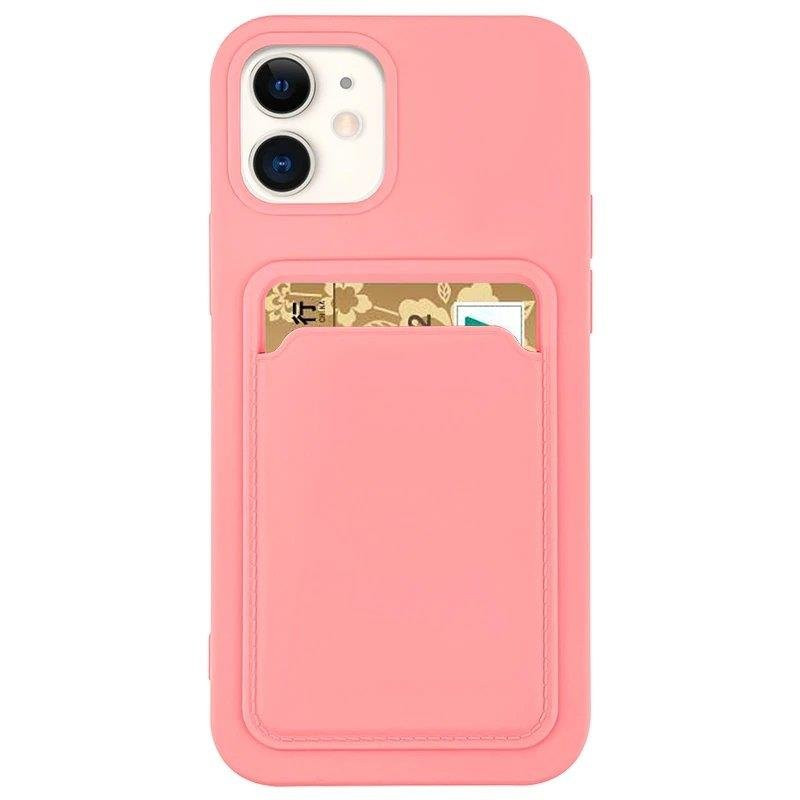 Card Case silikoninis piniginės dėklas su kišene kortelėms ir dokumentams Samsung Galaxy A12 rožinė