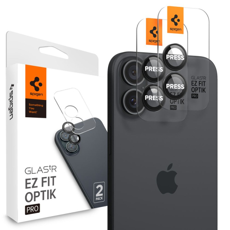 Spigen Glass tR EZ Fit Optik Pro grūdintas stiklas, skirtas iPhone 16 Plus kamerai (2 vnt) - juodas