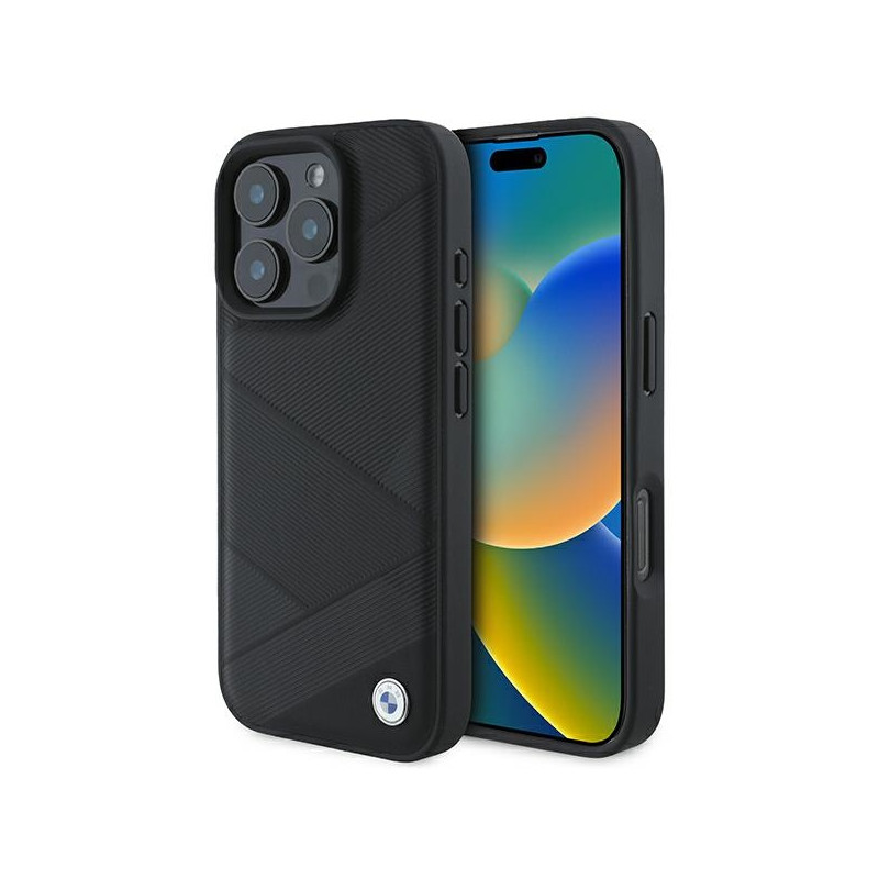 BMW Signature Leather Crossing Lines Pattern dėklas iPhone 16 Pro - juodas