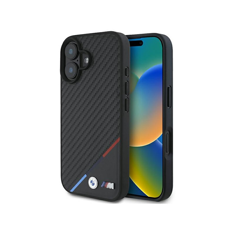 BMW Carbon Tricolor Line MagSafe dėklas iPhone 16 Plus - juodas