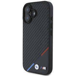 BMW Carbon Tricolor Line MagSafe dėklas iPhone 16 Plus - juodas
