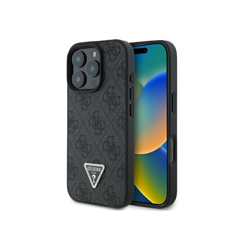 Guess Leather 4G Triangle Strass MagSafe dėklas, skirtas iPhone 16 Pro – juodas