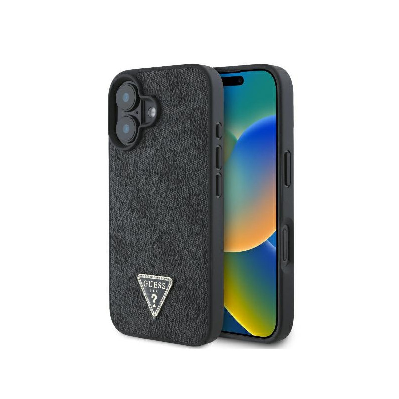 Guess Leather 4G Triangle Strass MagSafe dėklas, skirtas iPhone 16 Plus – juodas