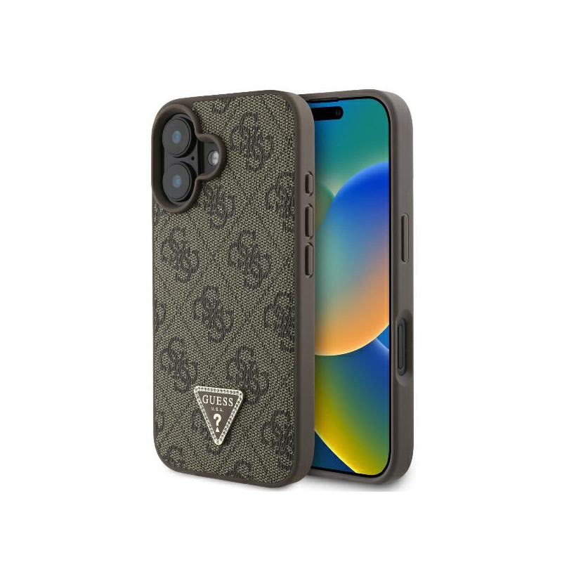 Guess Leather 4G Triangle Strass MagSafe dėklas iPhone 16 - rudas