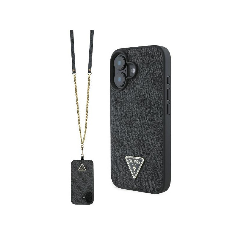 Guess Leather Metal Logo Strass Crossbody dėklas, skirtas iPhone 16 - juodas