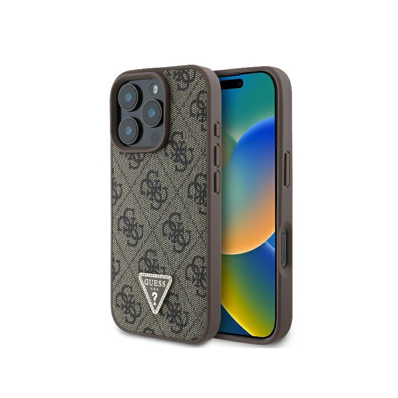 Guess Leather 4G Triangle Strass MagSafe dėklas, skirtas iPhone 16 Pro Max – rudas