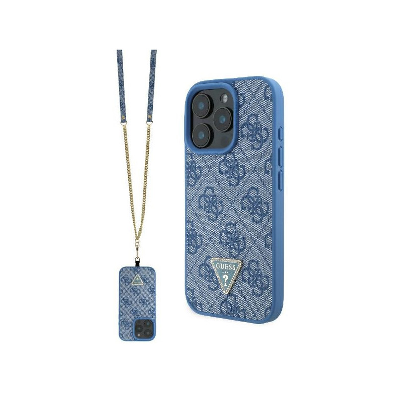 Guess Leather Metal Logo Strass Crossbody dėklas, skirtas iPhone 16 Pro Max - mėlynas