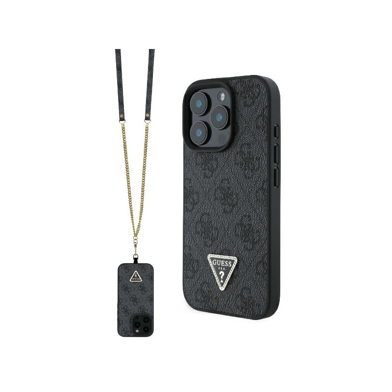 Guess Leather Metal Logo Strass Crossbody dėklas, skirtas iPhone 16 Pro Max - juodas