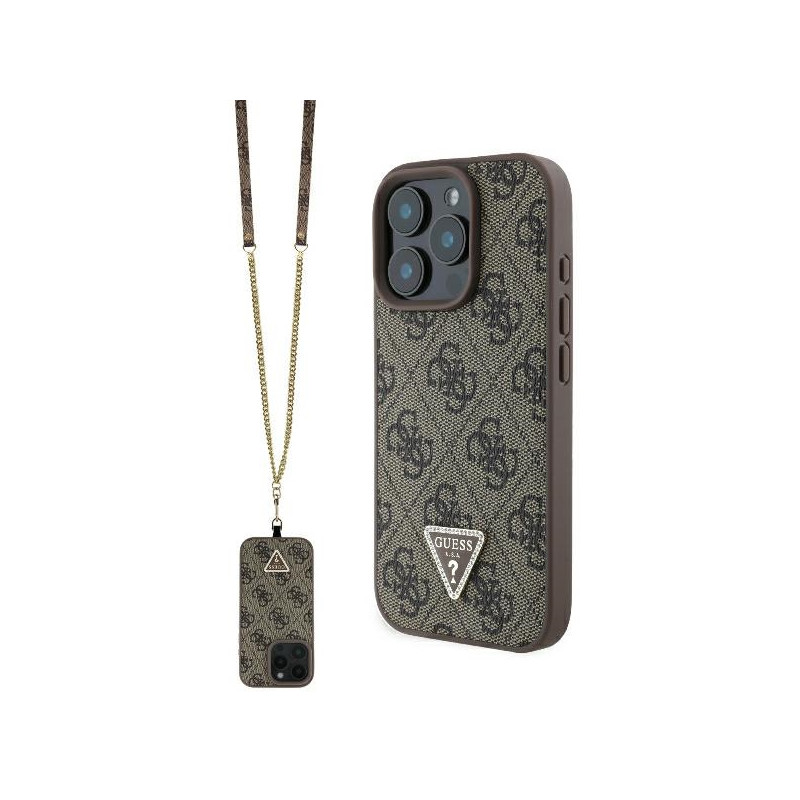 Guess Leather Metal Logo Strass Crossbody Dėklas, skirtas iPhone 16 Pro Max - rudas