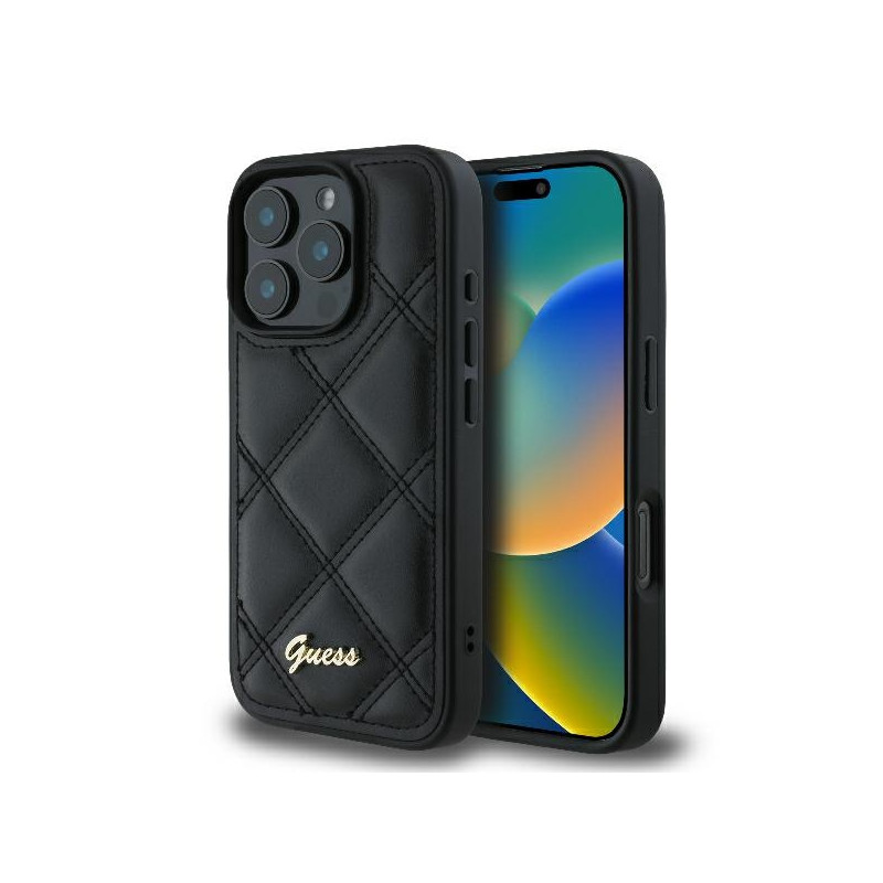 Guess Quilted Metal Logo dėklas, skirtas iPhone 16 Pro Max - juodas