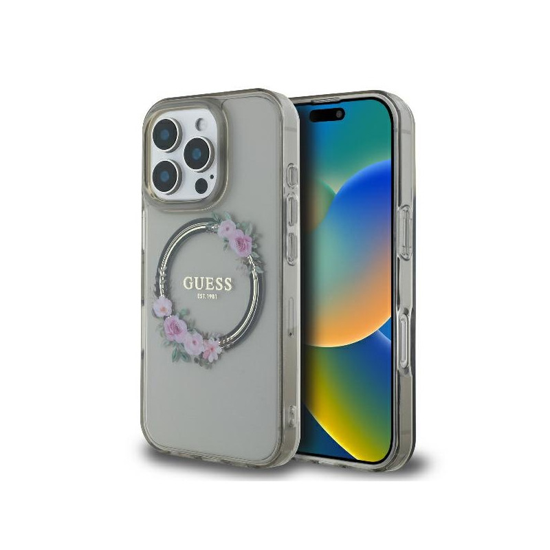 Guess IML Flowers Wreath MagSafe dėklas iPhone 16 Pro - juodas