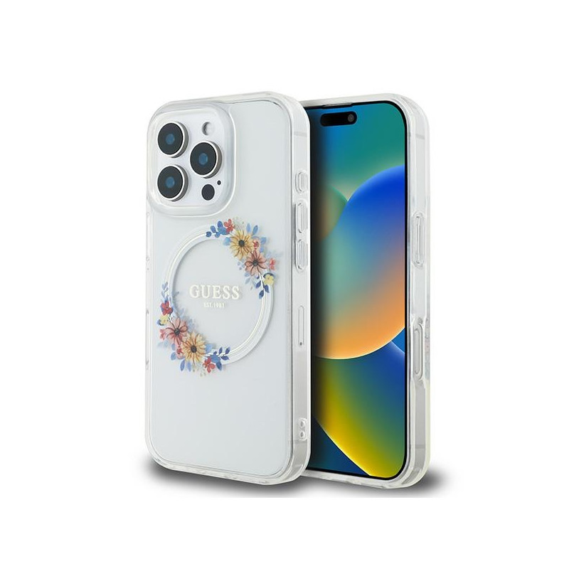 Guess IML Flowers Wreath MagSafe dėklas iPhone 16 Pro - skaidrus