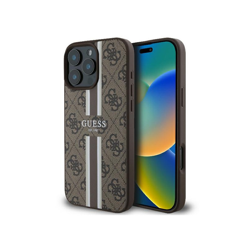 Guess 4G Printed Stripes MagSafe dėklas iPhone 16 Pro - rudas