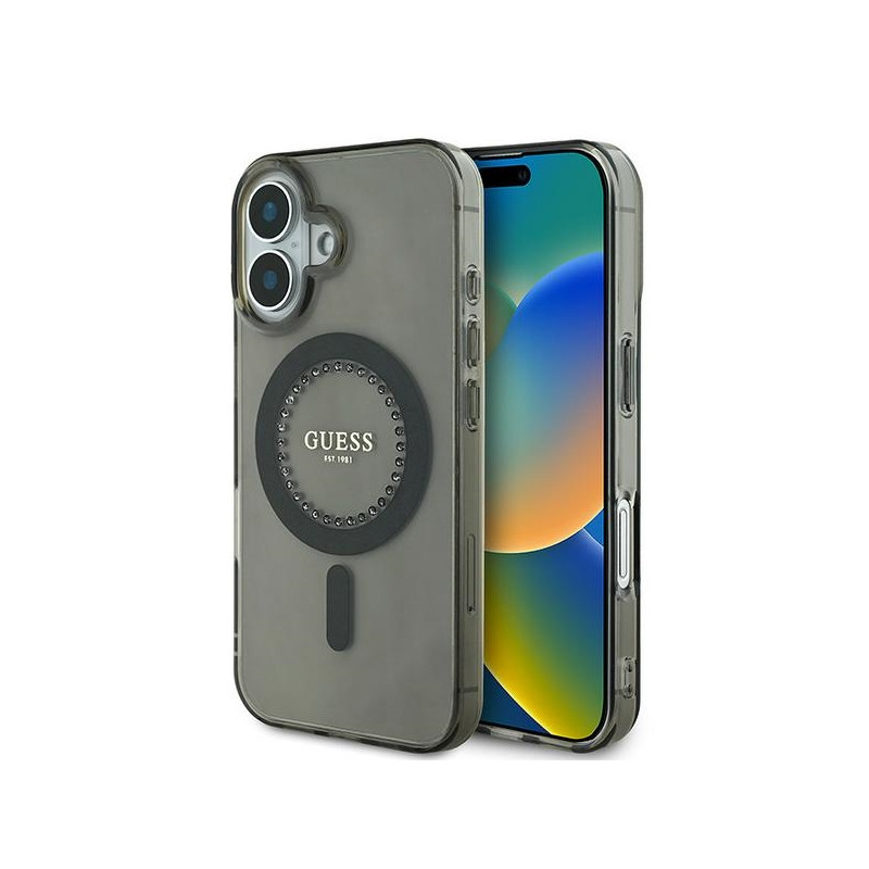 Guess IML Rhinestones MagSafe dėklas iPhone 16 Plus - juodas