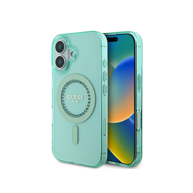 Guess IML Rhinestones MagSafe dėklas iPhone 16 Plus - žalias
