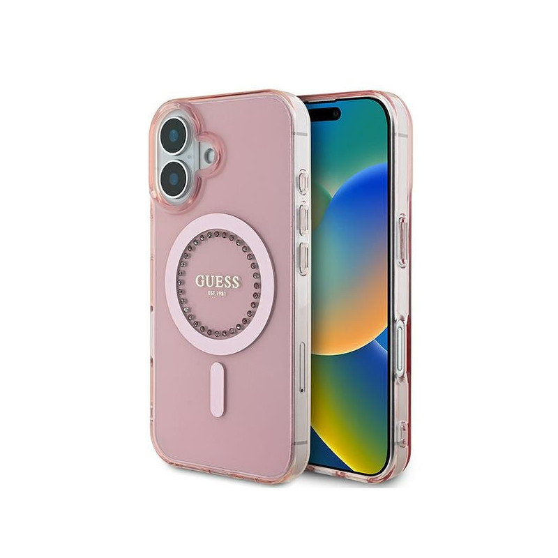 Guess IML Rhinestones MagSafe dėklas iPhone 16 Plus - rožinis