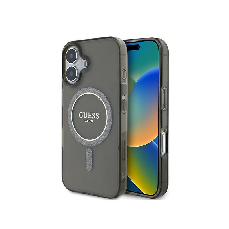 Guess IML Glitter Circle MagSafe dėklas iPhone 16 - juodas