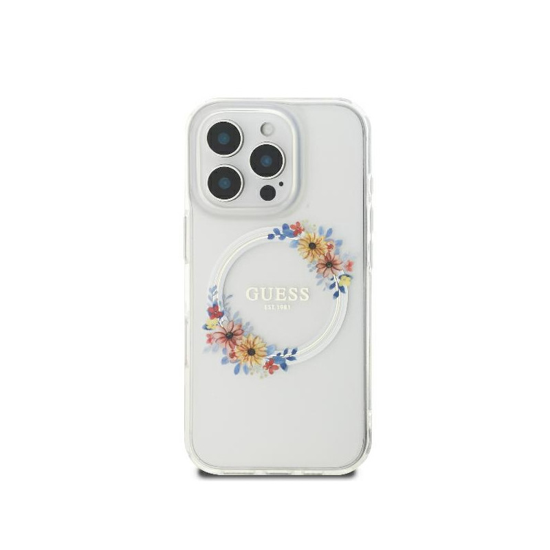 Guess IML Flowers Wreath MagSafe dėklas iPhone 16 Pro Max - skaidrus