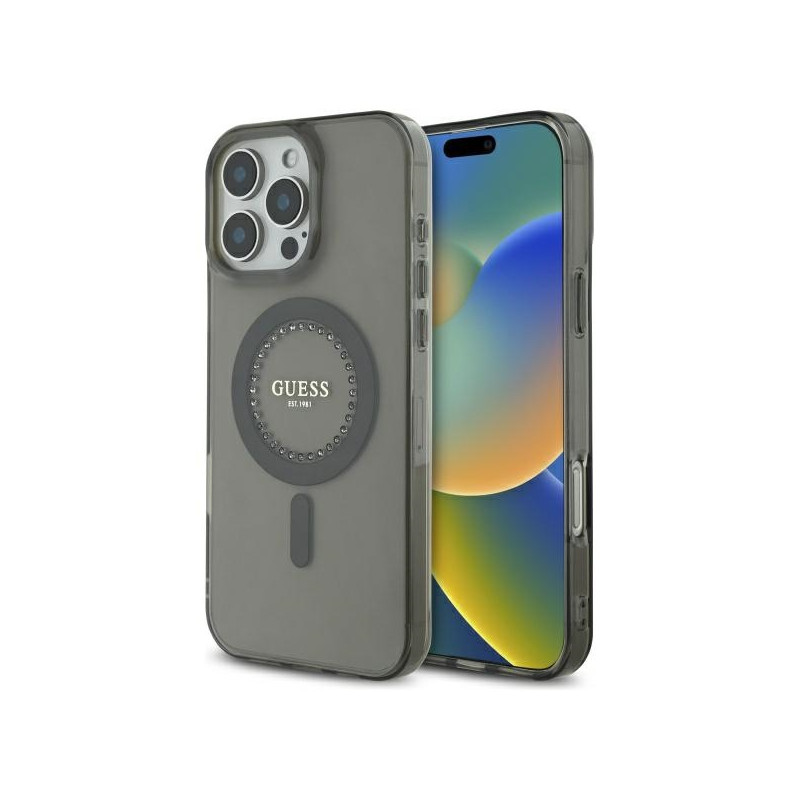 Guess IML Rhinestones MagSafe dėklas iPhone 16 Pro Max - juodas