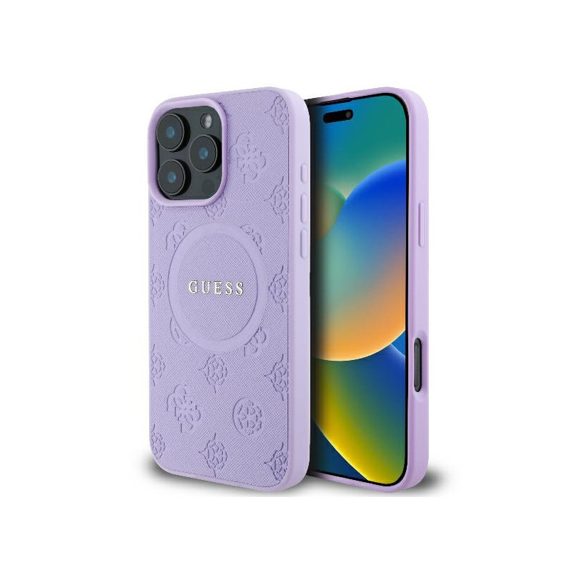 Guess Saffiano Peony Classic Logo MagSafe dėklas, skirtas iPhone 16 Pro Max - violetinė