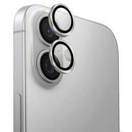 UNIQ Optix aliuminio fotoaparato objektyvo apsauga su aplikatoriumi iPhone 16 / iPhone 16 Plus - sidabrinė