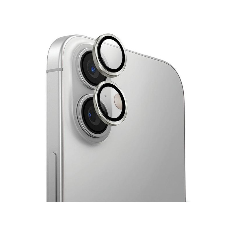 UNIQ Optix aliuminio fotoaparato objektyvo apsauga su aplikatoriumi iPhone 16 / iPhone 16 Plus - sidabrinė