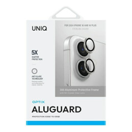 UNIQ Optix aliuminio fotoaparato objektyvo apsauga su aplikatoriumi iPhone 16 / iPhone 16 Plus - sidabrinė