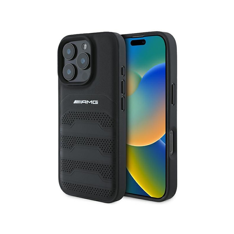 AMG Leather Debossed Lines Black Logo dėklas, skirtas iPhone 16 Pro - juodas