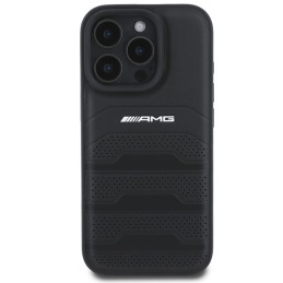 AMG Leather Debossed Lines Black Logo dėklas, skirtas iPhone 16 Pro - juodas