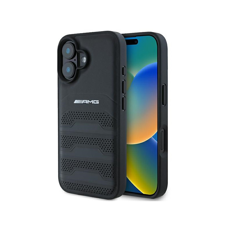 AMG Leather Debossed Lines Black Logo dėklas, skirtas iPhone 16 - juodas