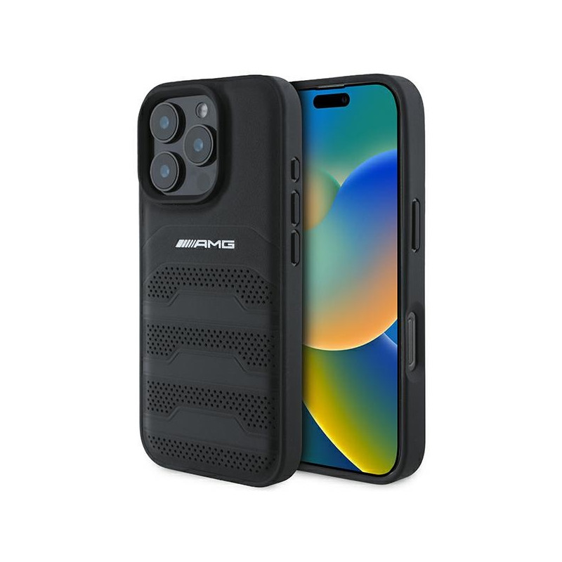 AMG Leather Debossed Lines Black Logo dėklas, skirtas iPhone 16 Pro Max - juodas