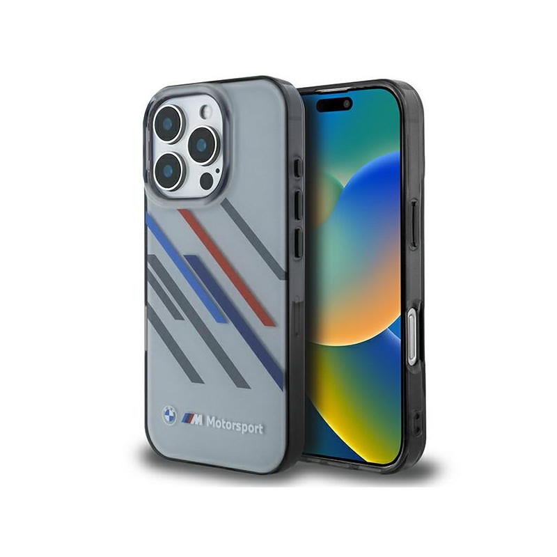 BMW Motosport IML Random Stripes dėklas iPhone 16 Pro - pilkas