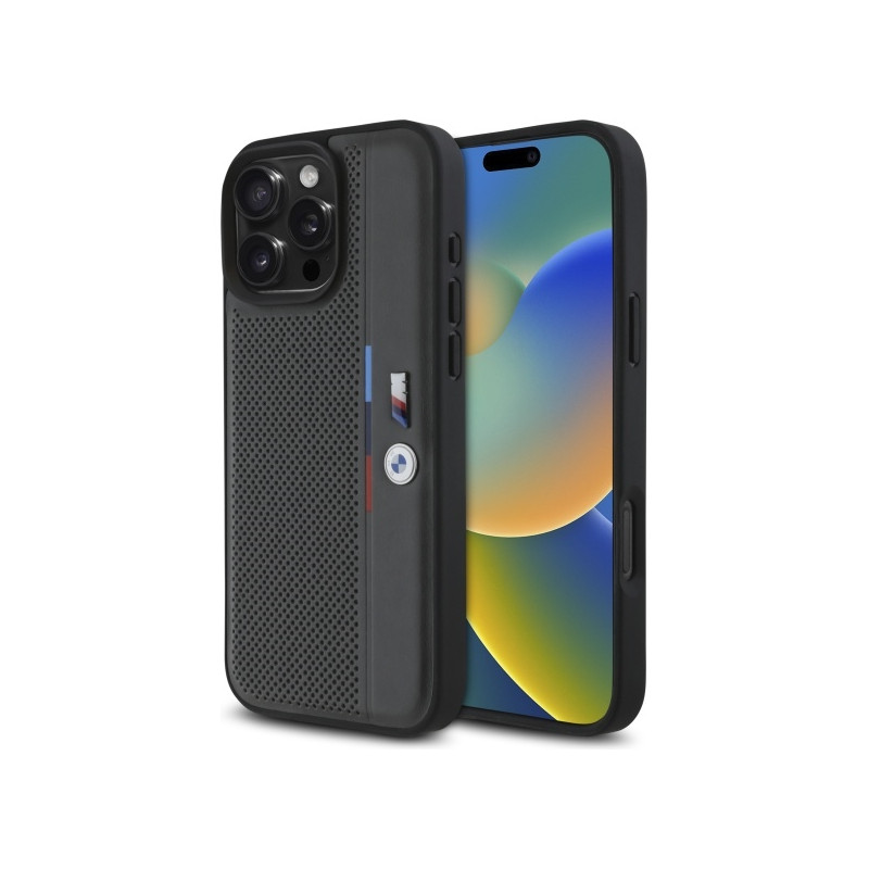 BMW M Perforated Tricolor Detail Line dėklas iPhone 16 Pro - tamsiai pilkas