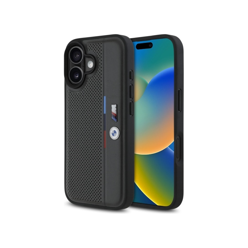 BMW M Perforated Tricolor Detail Line dėklas iPhone 16 - tamsiai pilkas