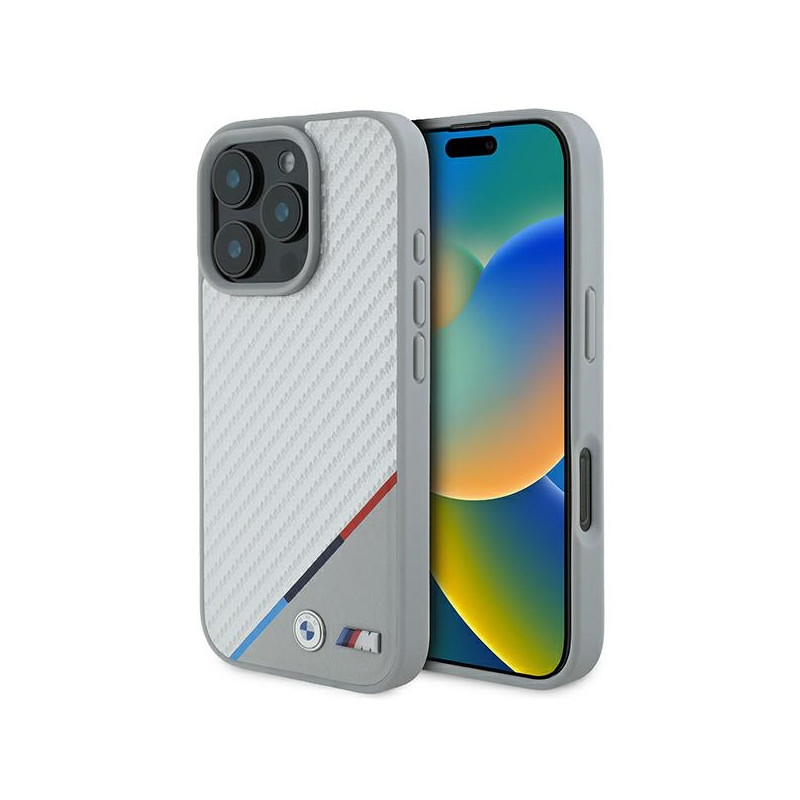 BMW M Carbon Tricolor Line MagSafe dėklas iPhone 16 Pro - pilkas