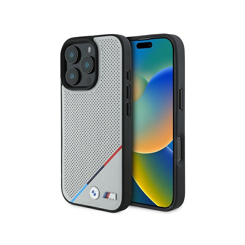 BMW M Perforated Tricolor Line MagSafe dėklas iPhone 16 Pro - pilkas