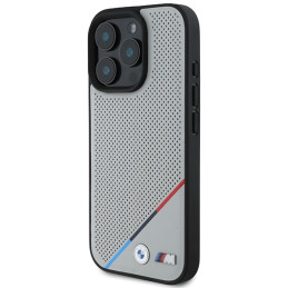 BMW M Perforated Tricolor Line MagSafe dėklas iPhone 16 Pro - pilkas