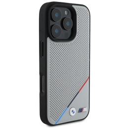 BMW M Perforated Tricolor Line MagSafe dėklas iPhone 16 Pro - pilkas