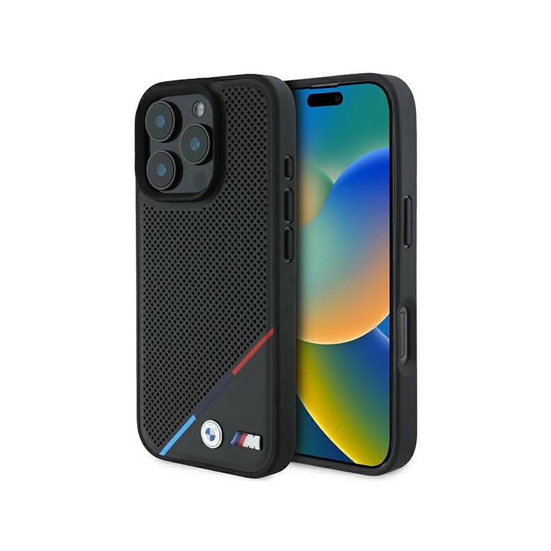 BMW M Perforated Tricolor Line MagSafe dėklas iPhone 16 Pro - juodas