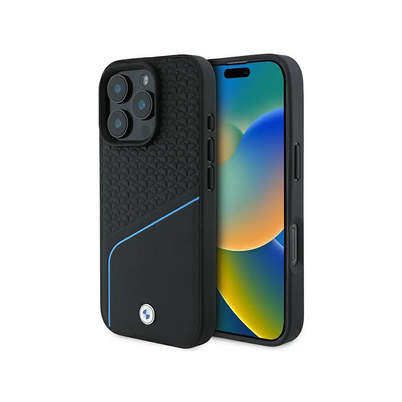 BMW Signature Leather Textured & Line MagSafe dėklas iPhone 16 Pro - juodas