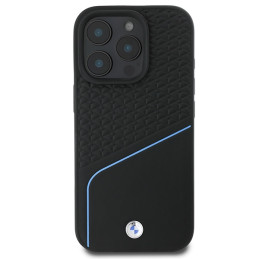 BMW Signature Leather Textured & Line MagSafe dėklas iPhone 16 Pro - juodas