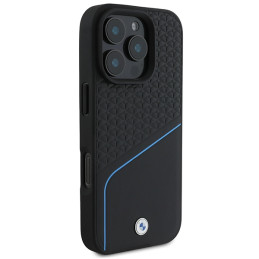 BMW Signature Leather Textured & Line MagSafe dėklas iPhone 16 Pro - juodas