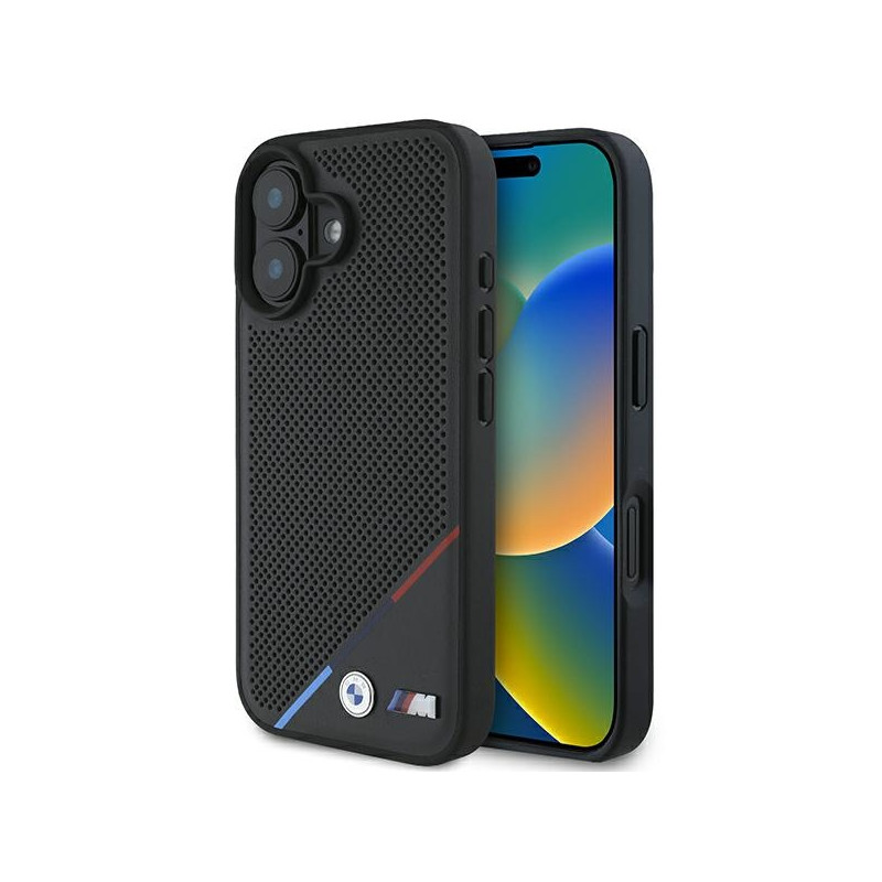 BMW M Perforated Tricolor Line MagSafe dėklas iPhone 16 Plus - juodas