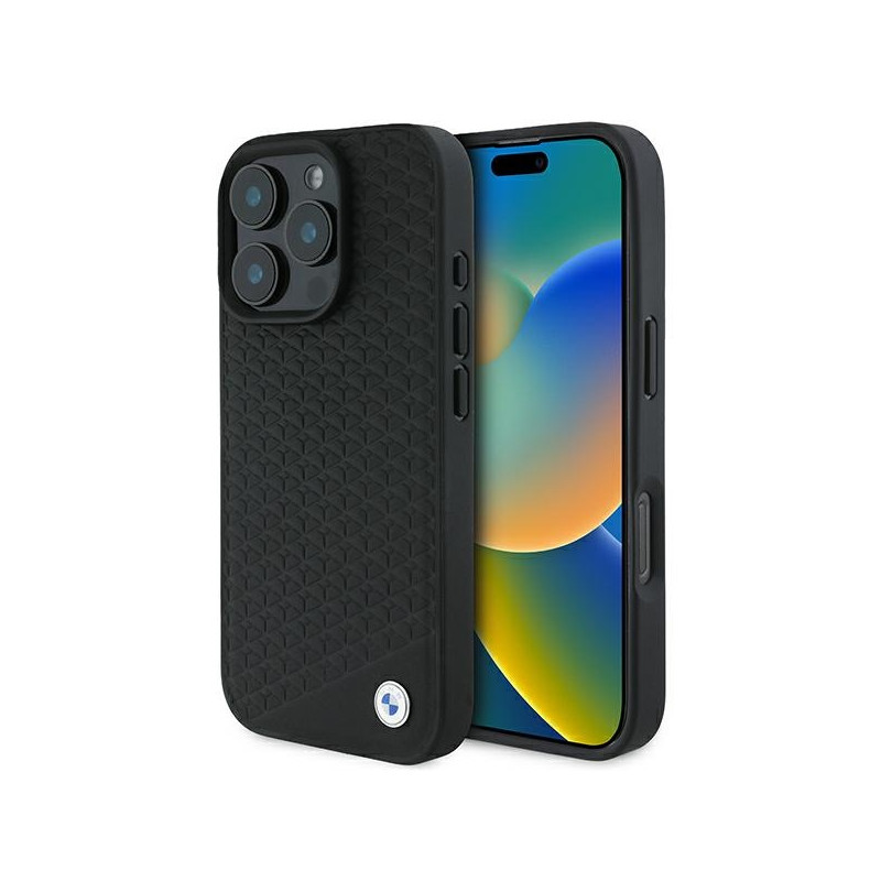 BMW Signature Leather Diamond Metal Logo MagSafe dėklas iPhone 16 Pro Max - juodas