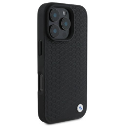 BMW Signature Leather Diamond Metal Logo MagSafe dėklas iPhone 16 Pro Max - juodas