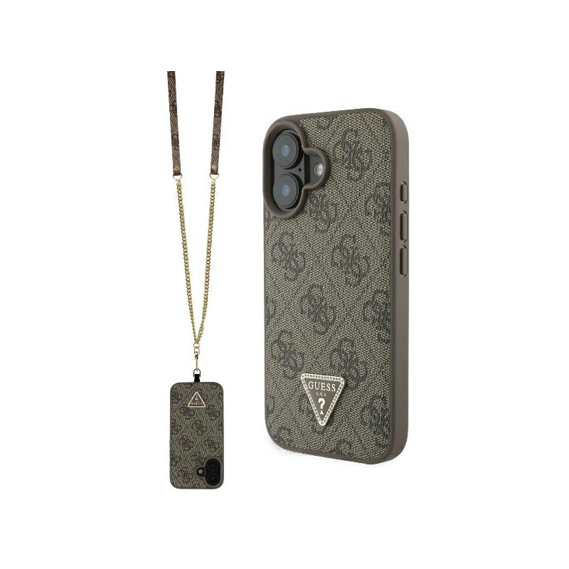 Guess Leather Metal Logo Strass Crossbody dėklas, skirtas iPhone 16 - rudas