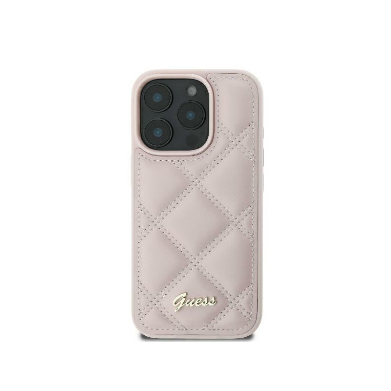 Guess Quilted Metal Logo dėklas, skirtas iPhone 16 - rožinis