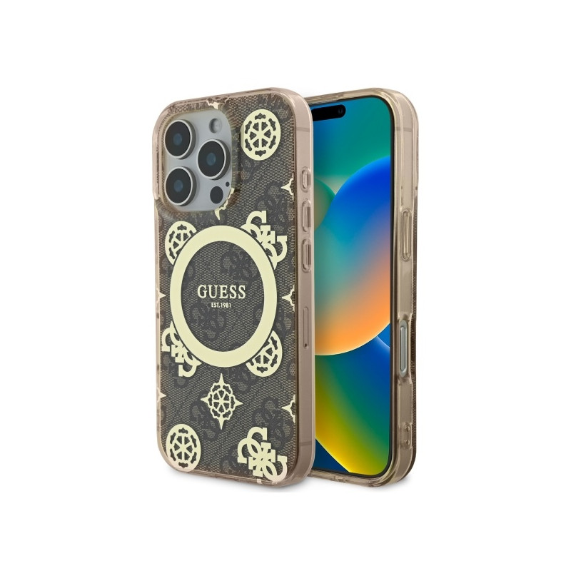 Guess IML Peony On 4G Background MagSafe dėklas, skirtas iPhone 16 Pro - rudas